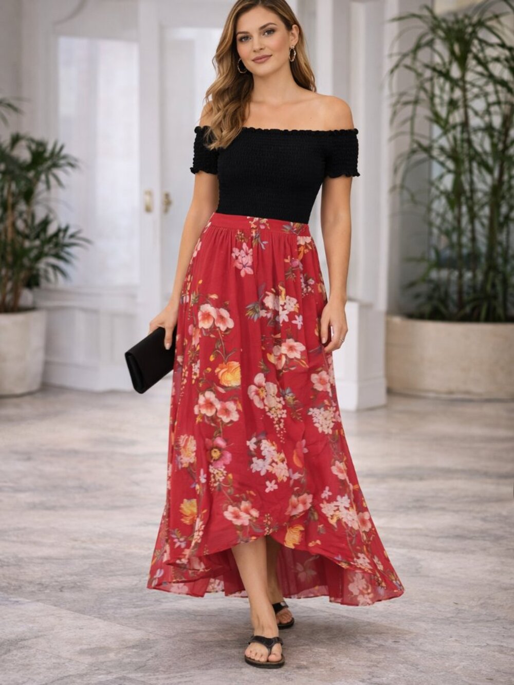 Fuzzi Jean Paul Gaultier Floral Maxi Skirt Red Sheer Layered